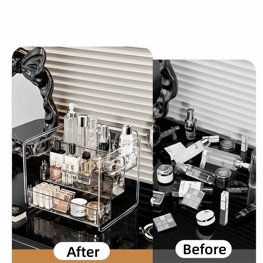 Transparent Cosmetic Storage Box Three-Tier Design Portable Compartment Clear Makeup Rack with Handle Slanted Storage Basket - Image 3