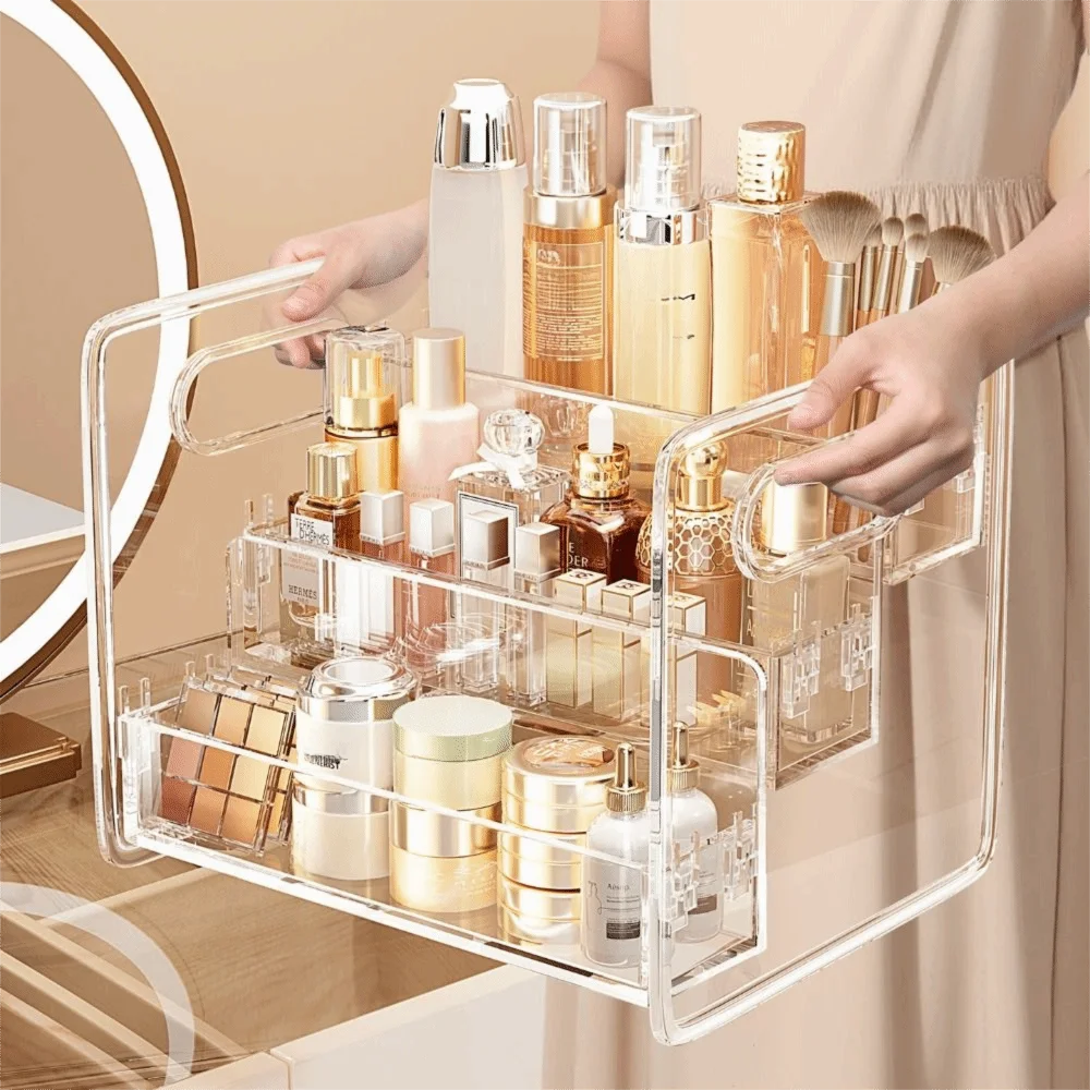 Transparent Cosmetic Storage Box Three-Tier Design Portable Compartment Clear Makeup Rack with Handle Slanted Storage Basket - Image 4